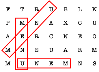 Menu appears vertically in the second column of the grid of letters, starting in the second row of letters and moving downwards. It also appears horizontally and backwards in the fifth row, starting at the fifth square and moving to the left. It also appears diagonally, starting at the first square in the fourth row and moving up and to the right.