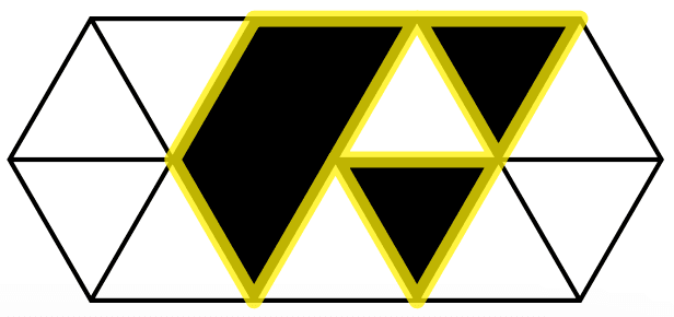 Two rows of seven tiles arranged as in the previous input. The third and fourth tiles in the top row (pointing up then down) and the third tile in the bottom row (pointing down) form a trapezoidal area outlined in yellow. Also, the sixth tile in the top row and the fifth tile in the bottom row are each outlined in yellow.