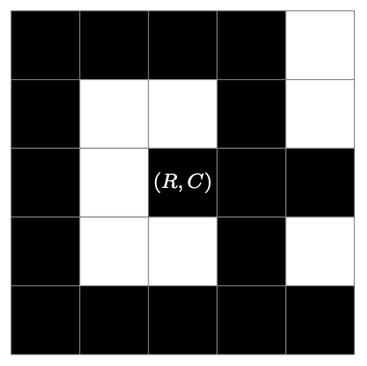 A 5 by 5 grid with each cell coloured either black or white and the centre cell labelled (R,C). All cells in the first column, fourth column, and bottom row are black. In the middle row, the third and fifth cells are also black.